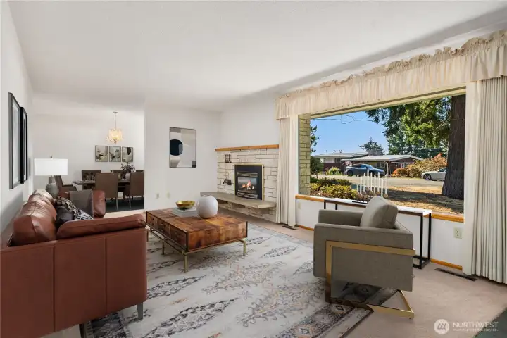Spacious living room with fireplace and huge picture window, opens to the formal dining room. (virtually staged)