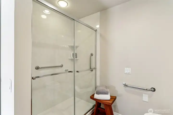 Shower offers seat, handrails, spa like shower head/wand