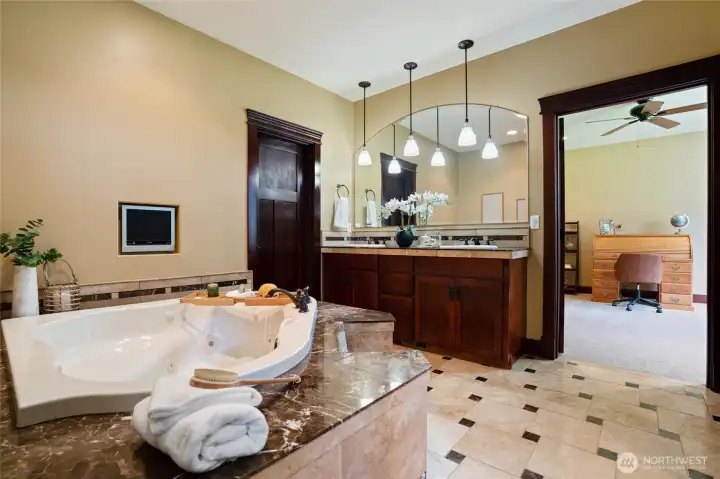 Main House - large 5-piece primary bathroom with jetted tub/double sink/& tile shower