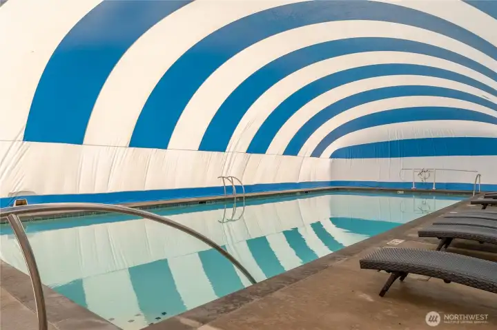 Main Pool by the office is covered with bubble for winter use.
