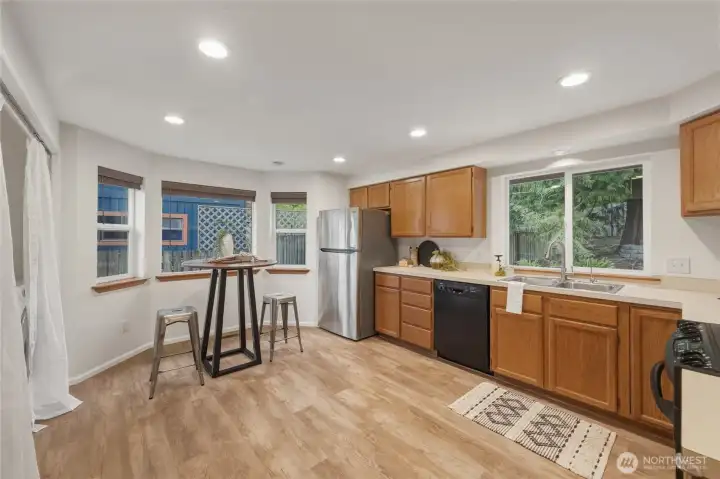 Casual eating space at bay window.