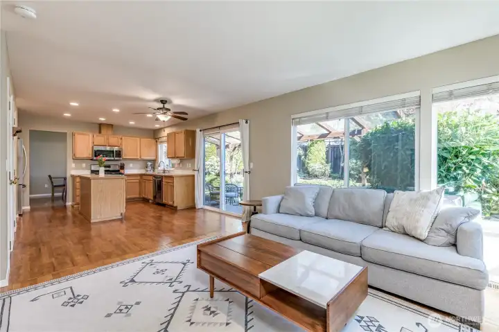 Kitchen flows into the cozy family room
