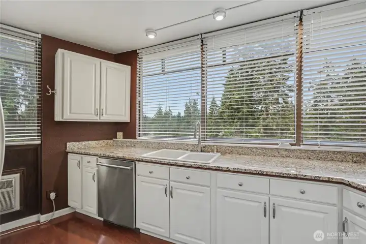 Kitchen view one, can't beat the views and I love all the counter space and cabinets.