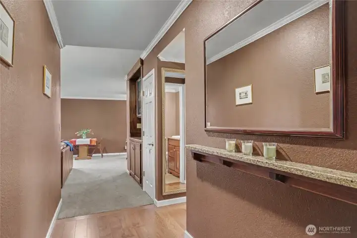 View from entry looking toward living room and kitchen.