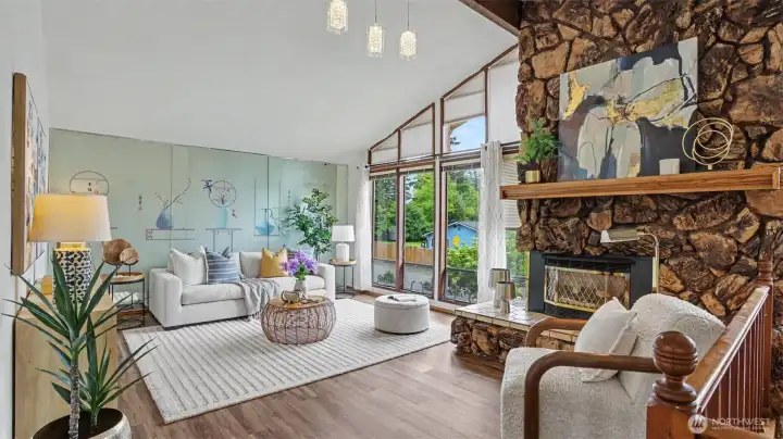 Sun-filled living spaces showcase soaring ceilings and expansive windows.