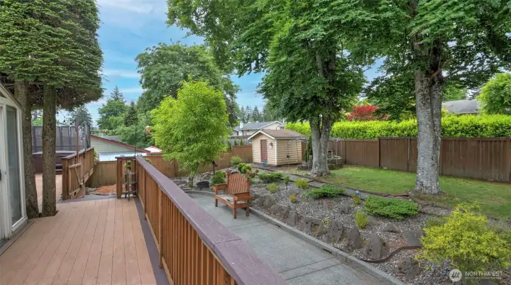 The beautifully landscaped yard features mature fruit trees and a garden shed.