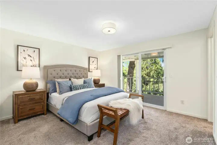 Primary Suite, Private sliding doors to back yard covered deck area