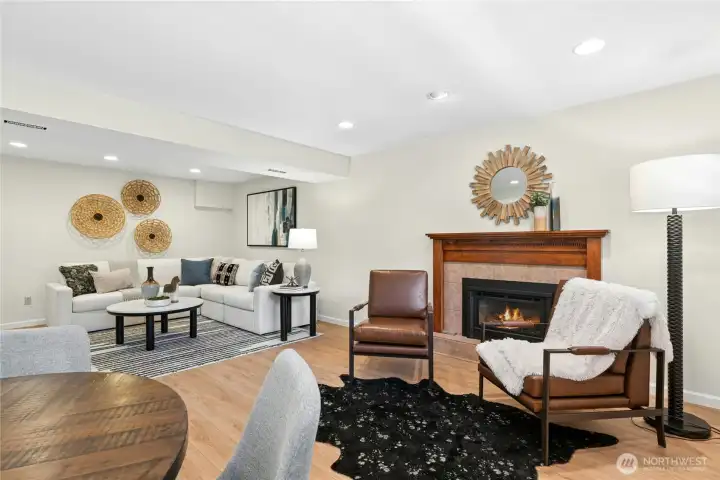 Lower level recreation room, Gas fireplace, TV area