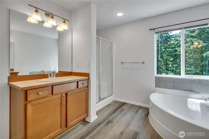 Spacious and private bath oasis. Chill in the soaking tub and look out at the trees. Glass shower and low maintenance floors. Spacious and private bath oasis. Chill in the soaking tub and look out at the trees. Glass shower and low maintenance floors.