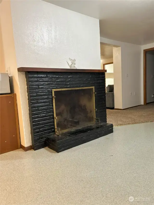 Fireplace near entrance of lower unit