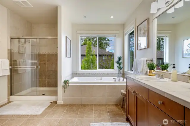 Spa-like bathroom featuring a separate glass-enclosed shower and a luxurious soaking tub.