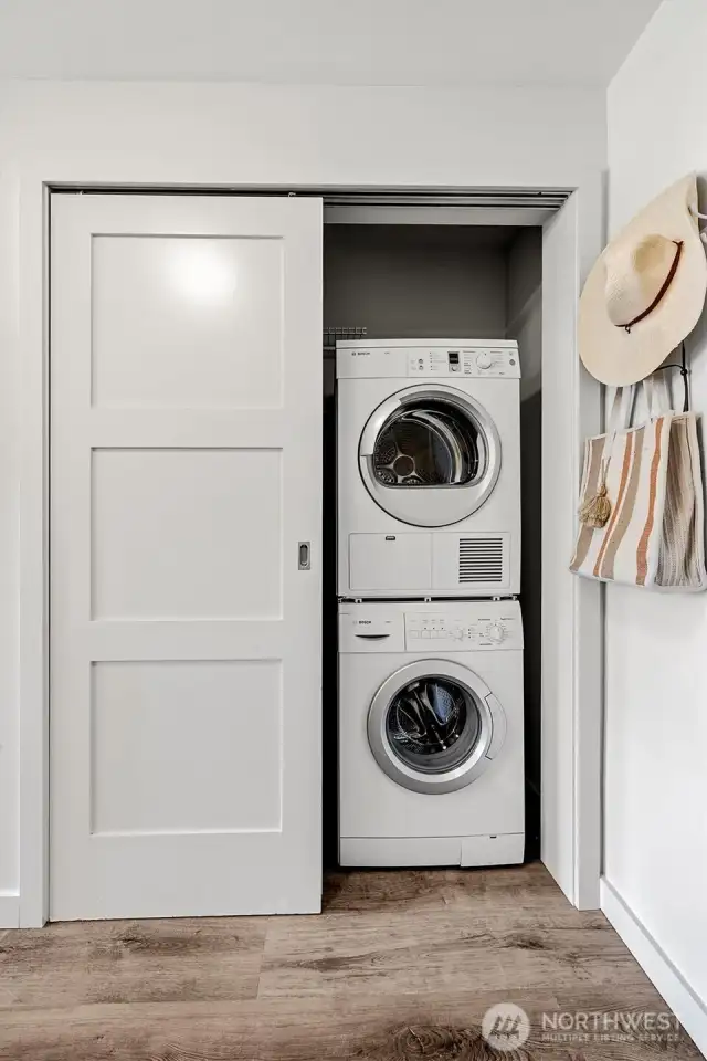 Your unit's very own stacked washer and dryer make everyday cleaning convenient.