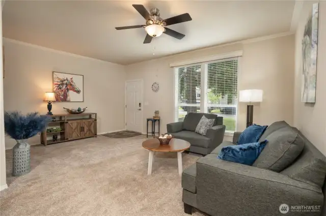 Tall windows allow lots of natural light to enter the living room for a nice light and bright space.