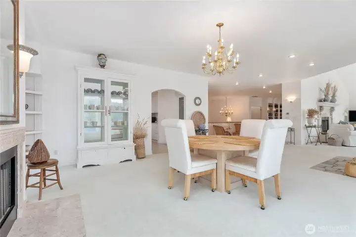 Dining area has a wood fireplace