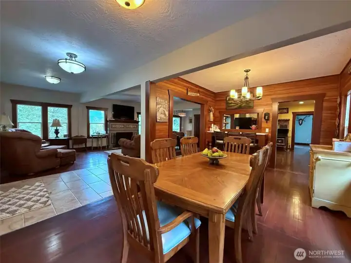 Dining, living and kitchen views.