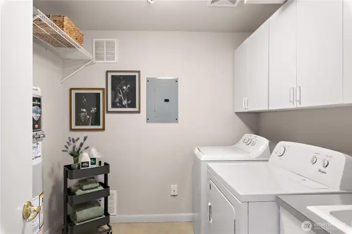 Utility room includes a full sized washer and dryer and brand new furnace with 10-year parts warranty.