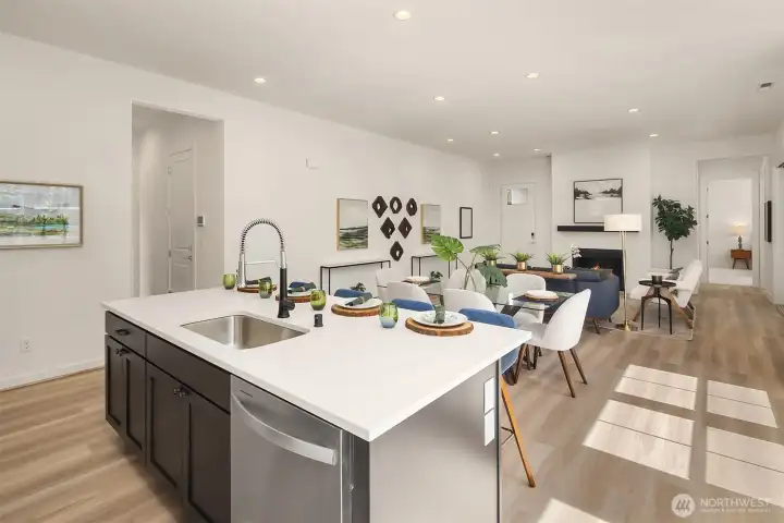 Light and bright kitchen island with quartz countertops