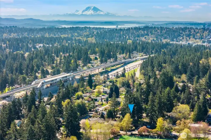 This south-facing photo shows the Pinehurst Light Rail Station a few blocks away, due to be completed in mid-2026. Mature Northwest firs add to the beauty of this area.