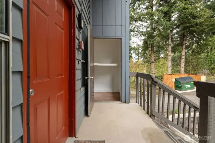 The storage closet includes a handy built-in shelf, giving you a little extra organization right from the start.