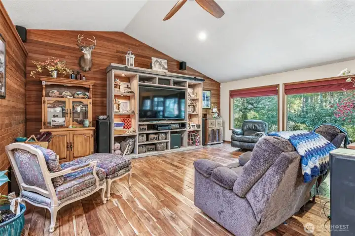 Open living room with natural wood and lots of light