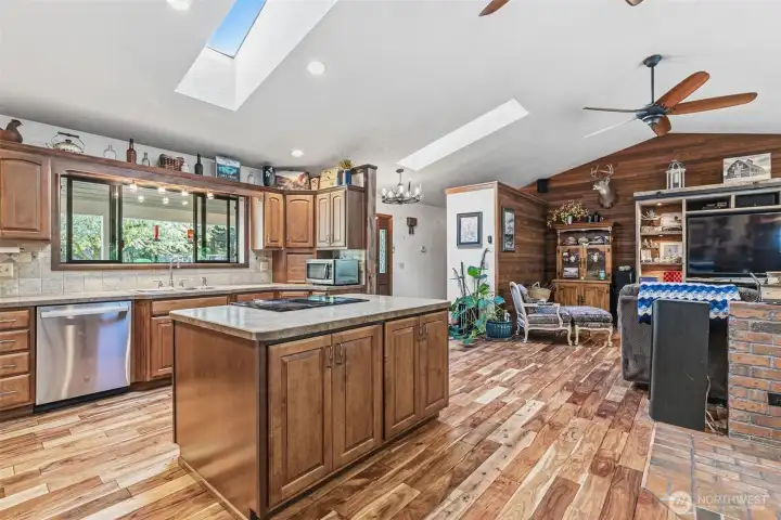 Open kitchen to living areas. Skylights add lots of natural light.