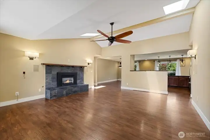 Cozy fireplace anchors the main gathering space