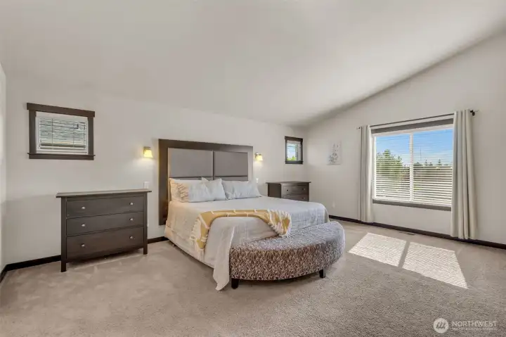 Primary bedroom with vaulted ceiling.