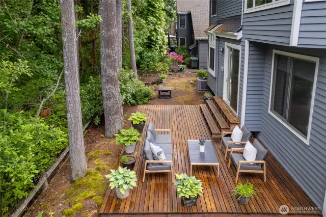 This is the backyard deck off of the family room. Private, peaceful and wonderful place to soak up sunshine and relax.