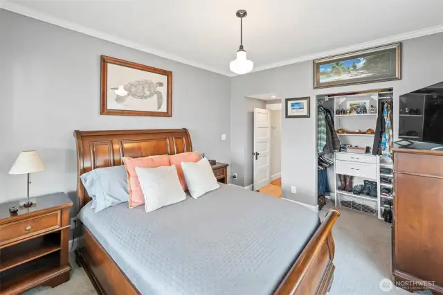 The king size bed fits nicely in here and still has plenty of room. When homes were built in the early century our modern lifestyle wasn't even a thought so having space is a bonus.