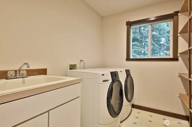 Lots of space to store your dry goods (see shelving along the right edge of photo). Deep utility sink and the hot water heater is to your back. Vinyl flooring.