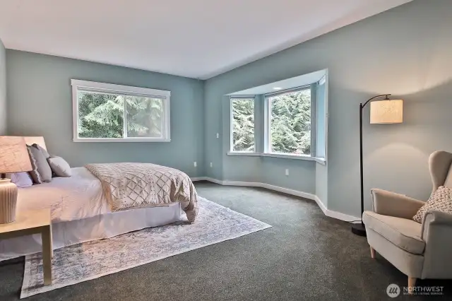 Main level spacious Primary bedroom. Plenty of space for an office or sitting area. Bay window maximizes your view of nature and those gorgeous sunsets. Walk-in closet and hall to your bathroom is just beyond the left edge of this photo.