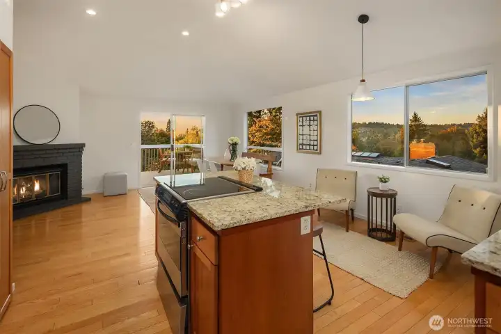 Kitchen looks out to territorial views.