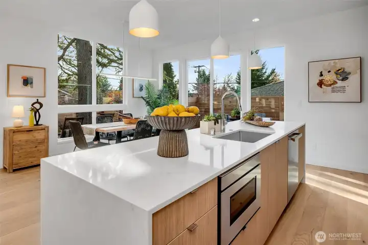 Kitchen opens to dining area.