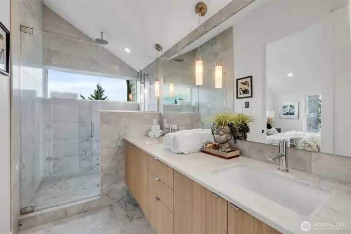Primary Bath, Carrara marble counters, full height back splash, double vanity.