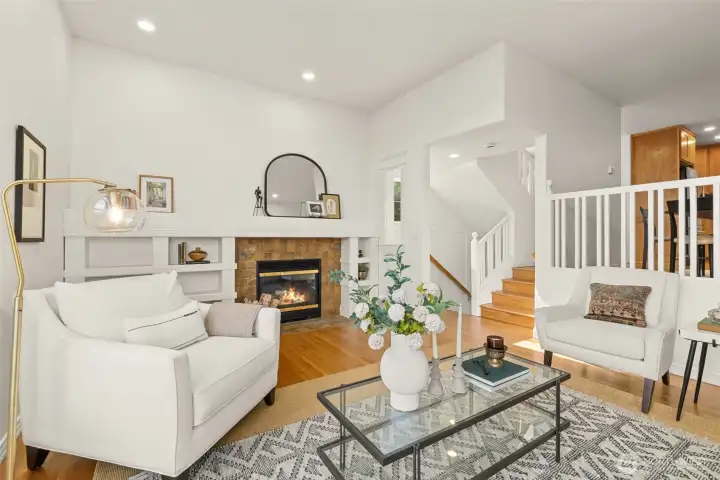 Spacious living room with 9 ft tall ceilings