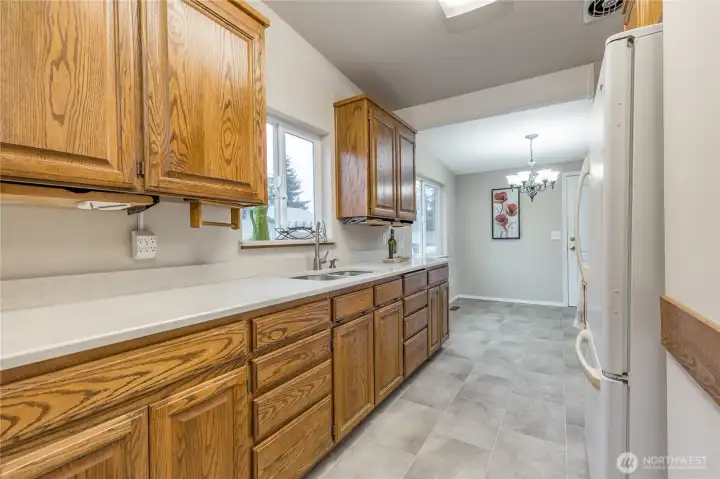 Kitchen overlooks the back yard