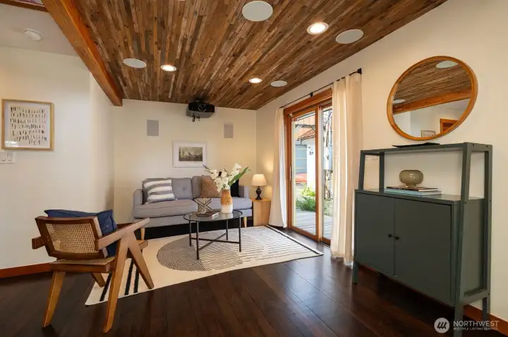Living room flows into dining room