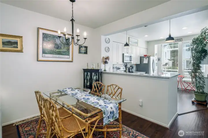 Dining area  can flex to be for larger or smaller table as you have need.