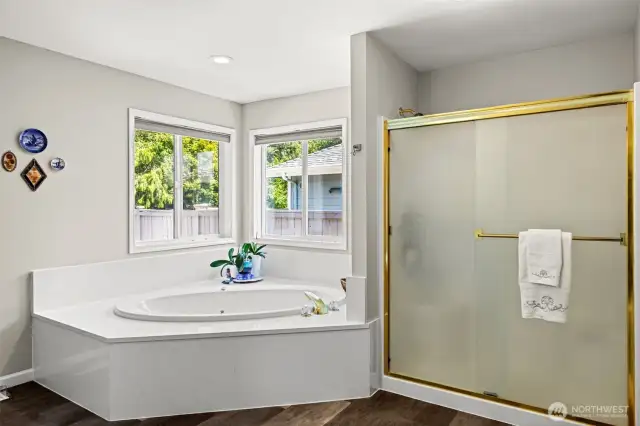 Jetted tub provides spa like feel.