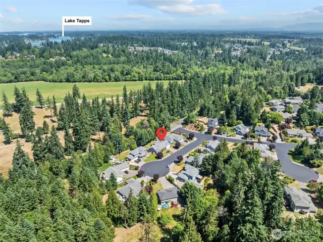 On location shot of cul-de-sac and proximity to Lake Tapps.