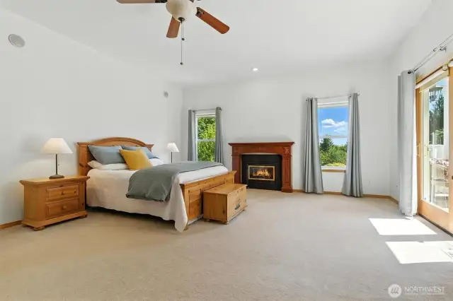 Primary Bedroom has a cozy fireplace, large windows and French doors leading to the deck