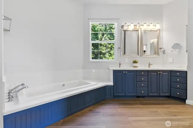 The primary bathroom has been beautifully remodeled