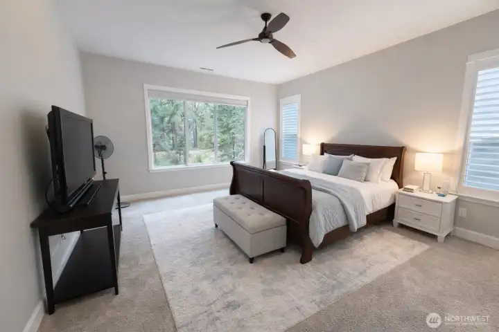 Primary bedroom is super spacious and nicely tucked away in the private backyard, overlooking your lovely landscaping and privacy greenbelt.