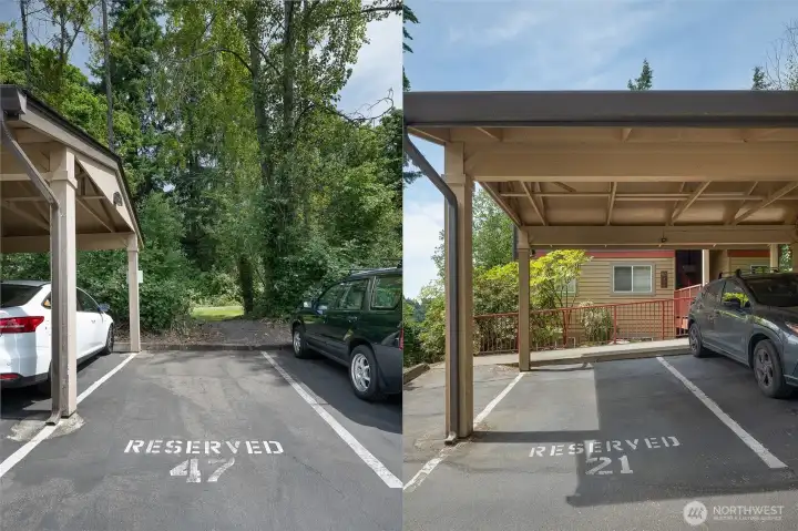 Two parking spaces include one uncovered (#47) and one covered (#21), plus abundant guest parking Two parking spaces include one uncovered (#47) and one covered (#21), plus abundant guest parking