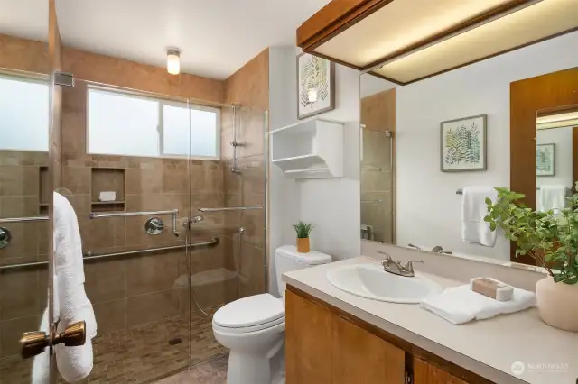 Primary Bathroom with updated level, walk-in shower.