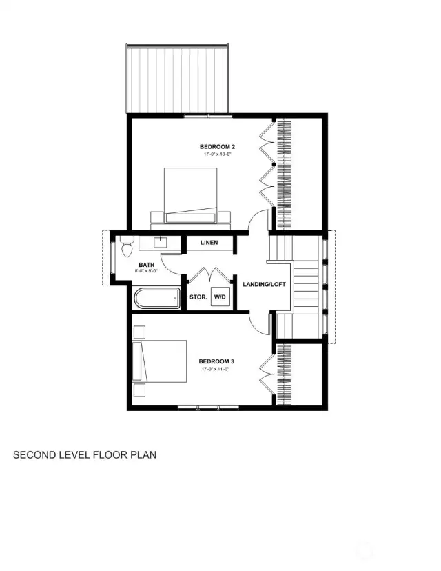2212 NE 125th Street, Seattle upper level 2 bedroom/full bath and laundry floor plan.