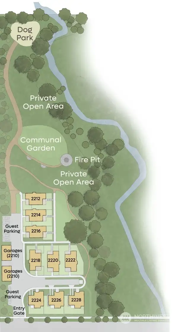 Thornton Creek Commons is a private gated community of only 9 homes sited on a 2 and 1/2 acre property that includes a private park, off leash dog area, fire pit, meditation garden and access to Thornton Creek.