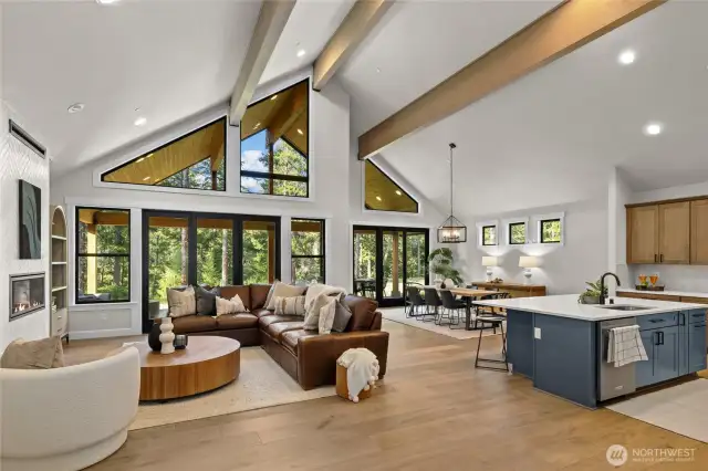 Open concept picturesque living room, dining and kitchen.