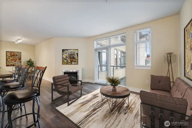Kitchen has eating bar to expand living space.