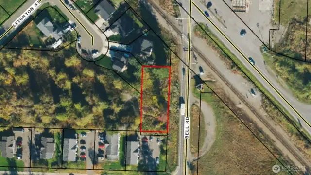 Aerial view, with property lines.